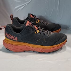 Hoka Women's Black with Coral and Yellow Athletic Trail Shoes